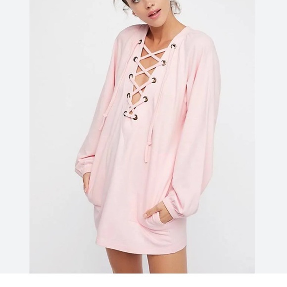 Free People Tops - NWT FREE PEOPLE BELIEVER XS Oversized Tunic Sweatshirt Lace Up NEW Pink Pockets